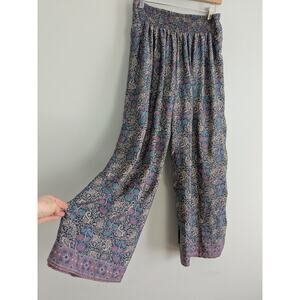 Silk Blend Pants M L Blue Pull On Boho Wide Elastic Slit Hippie Flowy Palazzo